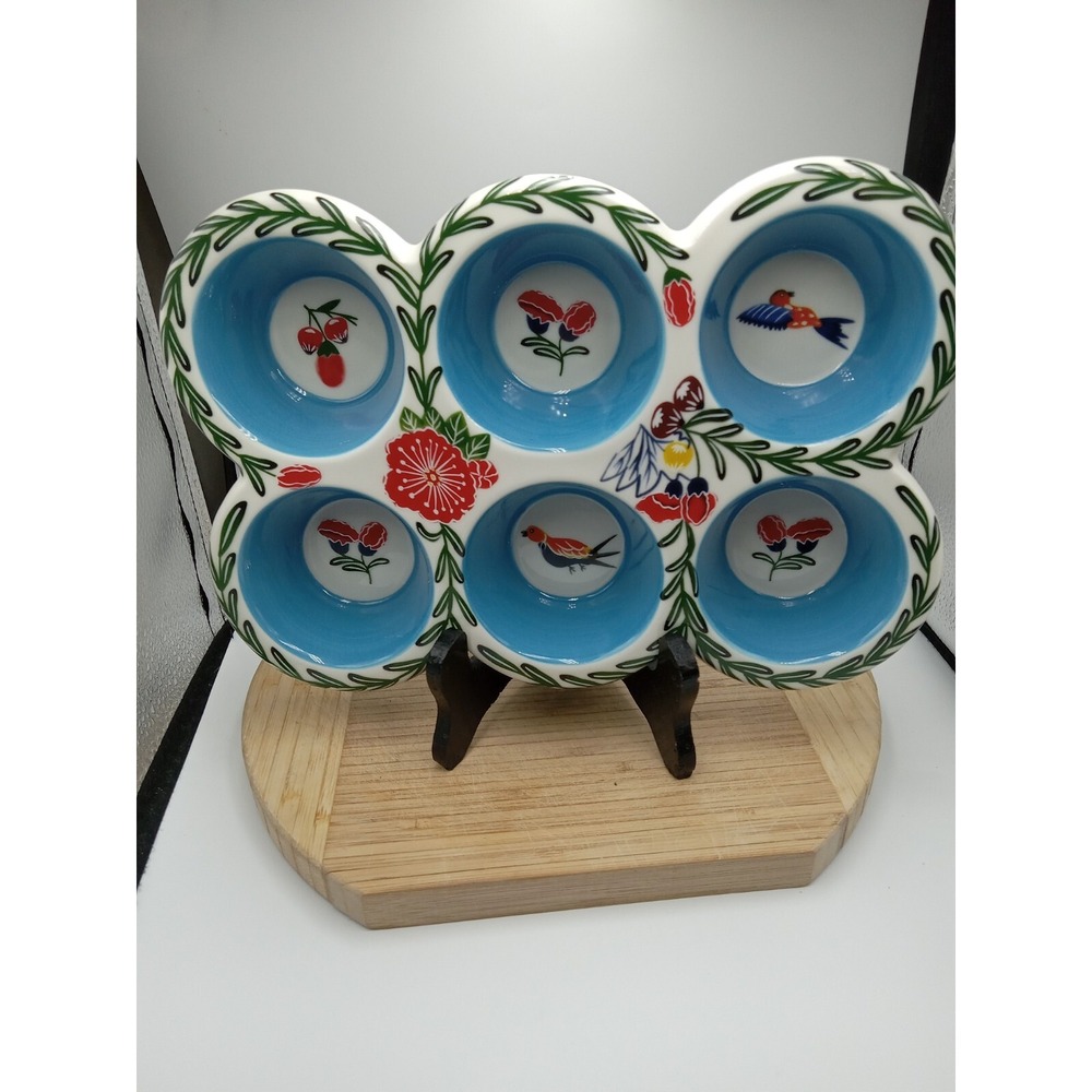 Potter's Studio‎ ceramic painted floral bird blue mult 6 cupcake/muffin bake pan